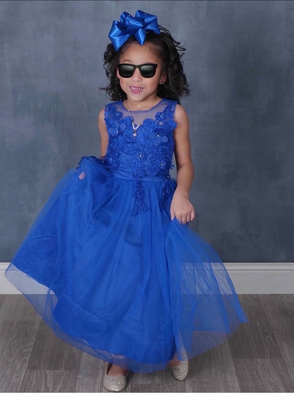 Royal Blue Floral Applique Tulle Party Dress for Girls